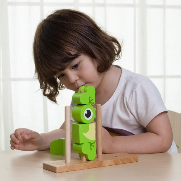 ילדה משחקת בקוביות להרכבת צפרדע