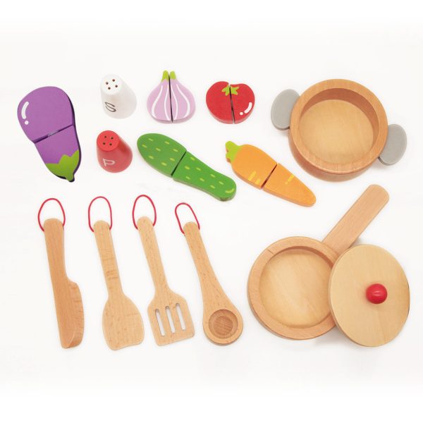 ציוד מטבח עץ לילדים - צעצועים של סיר, כלי ערבוב, מחבת ועוד