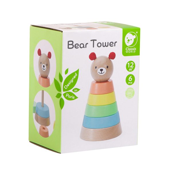 צעצוע עץ מגדל טבעות דובי פסטל קופסא