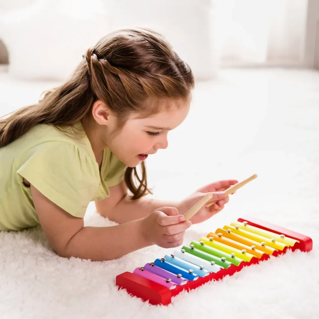 ילדה משחקת ומנגנת על כלי נגינה כמתנה לגיל שנה