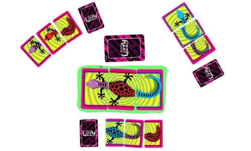 קלפי משחק צבעוניים עם איור לטאה מחולקת לחלקים ממשחק דיזי ליזי