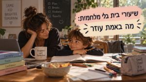 אישה וילד ליד ספר פתוח, עם הכיתוב ״שיעורי בית בלי מלחמות: מה באמת עוזר״